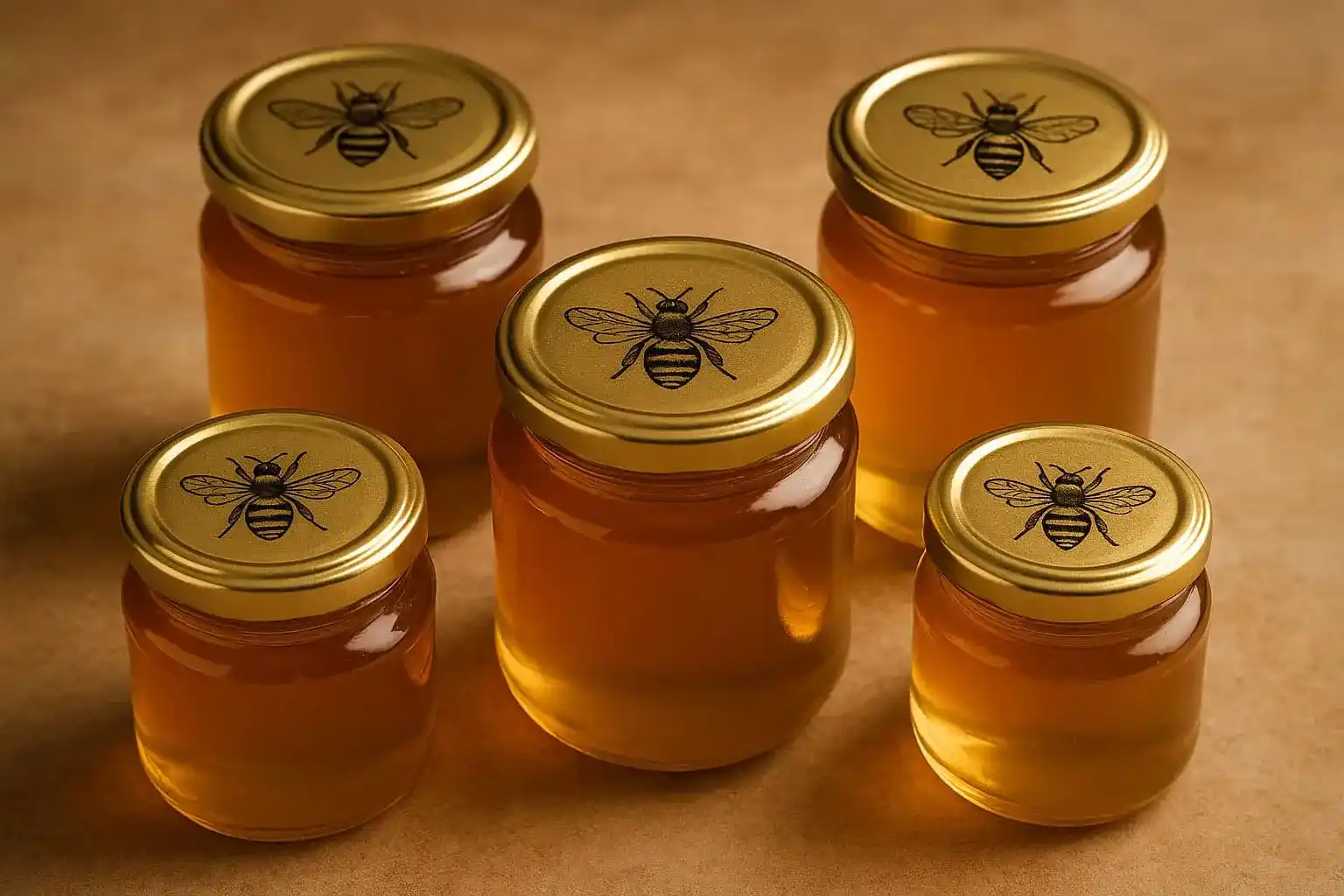 Couvercles dorés avec motif abeille : la tendance premium pour les pots de miel artisanaux